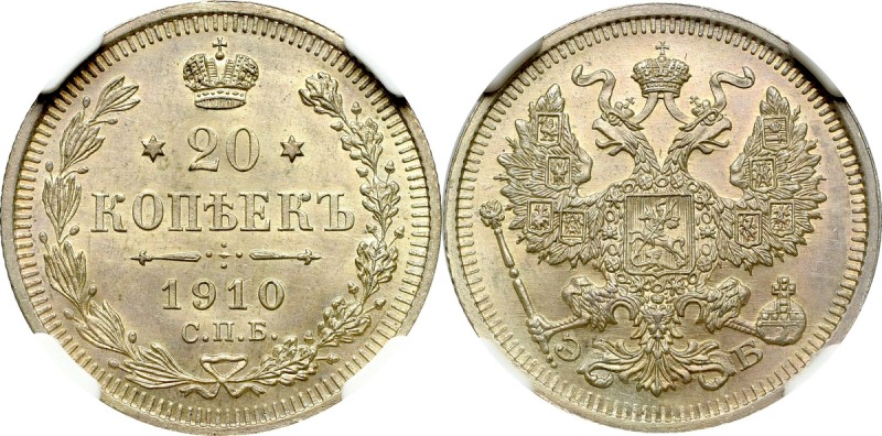 Russia, Nicholas II, 20 kopecks 1910 ЭБ - NGC MS66 Piękny, wyselekcjonowany egze...