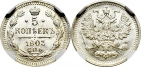 Russia, Nicholas II, 5 kopecks 1903 AP - NGC MS67 2-MAX