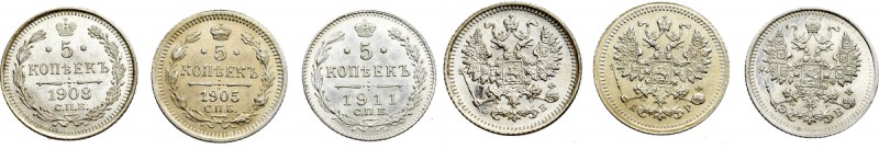 Russia, Nicholas II, Lot of 5 kopecks 1905-1911 (3 ex) Piękne egzemplarze z 3 ró...