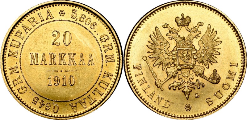 Russian occupation of Finland, Nicholas II, 20 markkaa 1910 Piękny, okołomennicz...