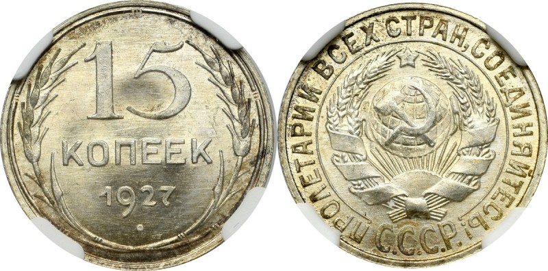 Soviet Union, 15 kopecks 1927 - NGC MS67 Wyśmienity, menniczy egzemplarz. Moneta...