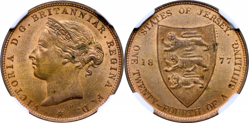 United Kingdom, 1/24 shilling 1877 - NGC MS65 RB Piękny, menniczy egzemplarz. Re...