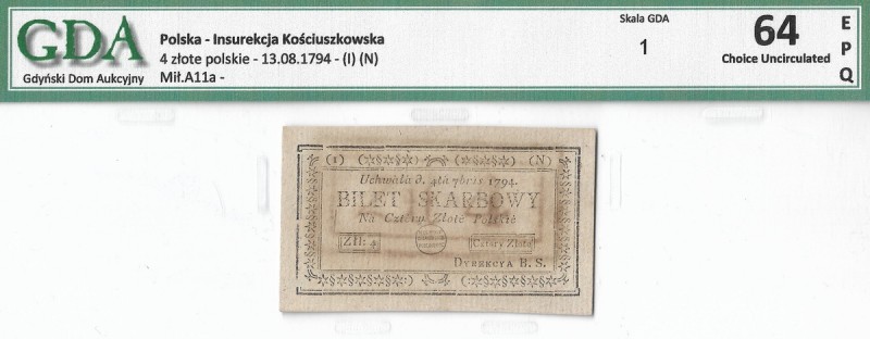 Kosciuszko uprising, 4 zloty 1794 1N Rewelacyjnie zachowany egzemplarz banknotu ...