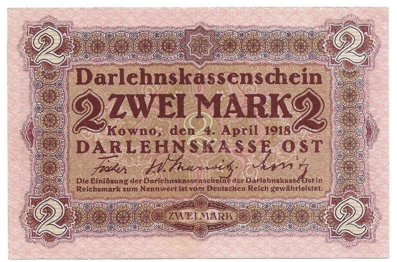 Kowno 2 marki 1918 A Banknot w dobrym stanie zachowania o atrakcyjnej prezencji....