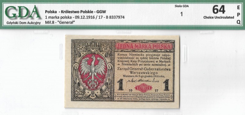 II Republic of Poland, 1 mark 1916 B Generał Wyśmienicie zachowany banknot o ide...