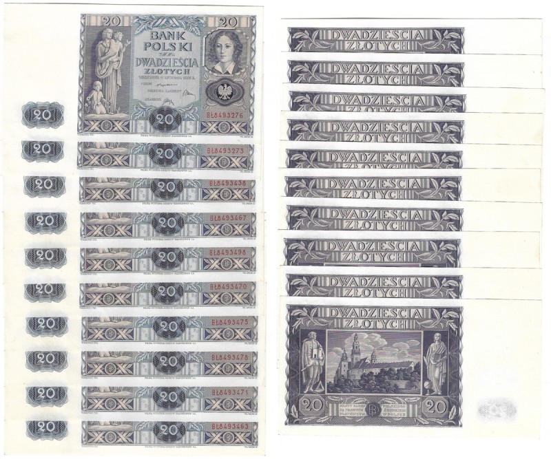 II RP, zestaw 10 sztuk x 20 złotych 1936 kolejne numery Banknoty w stanie emisyj...