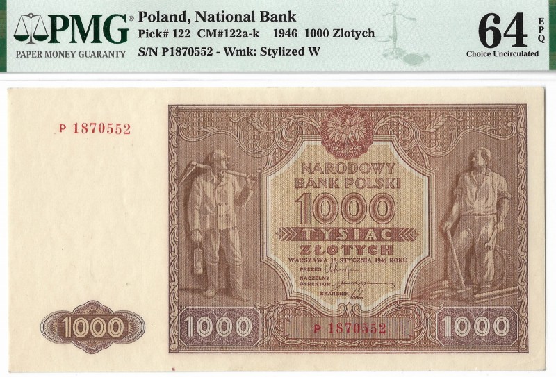 PRL, 1000 złotych 1946 P - PMG 64EPQ Wyśmienicie zachowany banknot o idealnej ży...