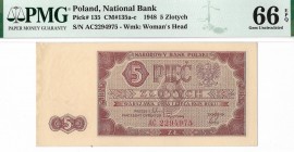 PRL, 5 złotych 1948 AC - PMG 66EPQ