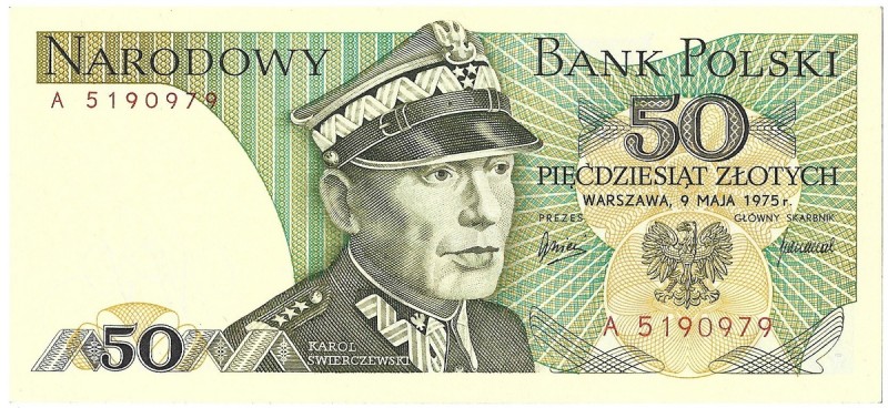 PRL, 50 złotych 1975 A Wyśmienicie zachowany banknot w stanie emisyjnym. Poszuki...