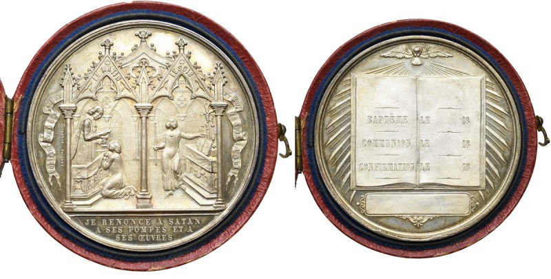 France, Medal XIX century Ciekawy medal religijny na chrzest, komunię i bierzmow...