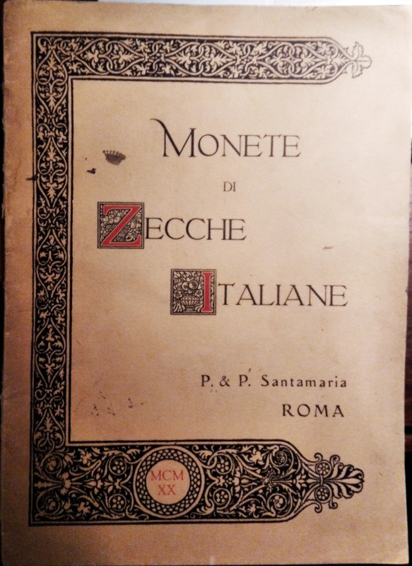 SANTAMARIA P. & P. – Roma, 26 Aprile 1920. Catalogo delle monete di zecche itali...