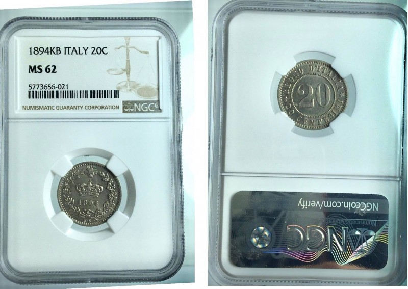 Italy - Vittorio Emanuele III 20 centesimi 1894 KB MS62 NGC