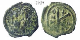 Justin II with Sophia. AD 565-578. Bronze Æ 1/2 Follis. 24 mm, 7.57 g. Near very fine