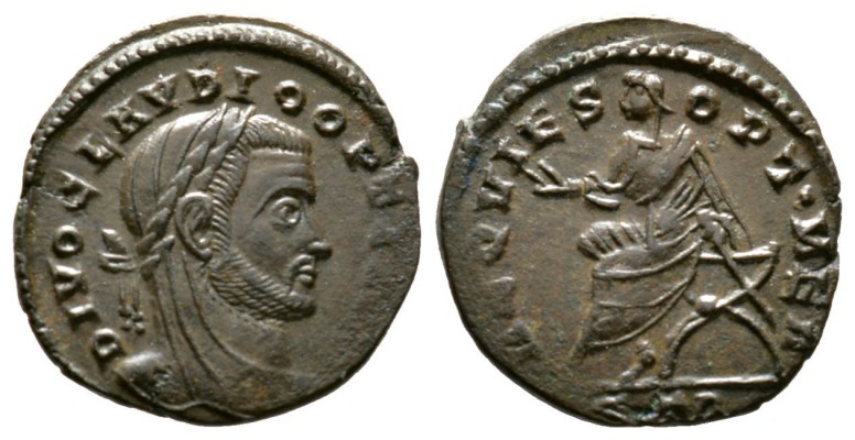 Divus Claudius II (died AD 270), Half Follis, Treveri, AD 318, 1.83g, 16mm. Laur...