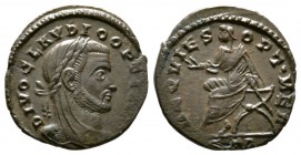 Divus Claudius II (died AD 270), Half Follis, Treveri, AD 318, 1.83g, 16mm. Laureate and veiled head right / Claudius seated left on curule chair, rai...