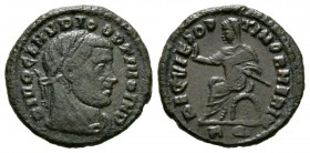 Divus Claudius II (died AD 270), Follis, Rome, 317-8, 3.34g, 18mm. Laureate and veiled head right / Claudius seated left on curule chair, raising hand...