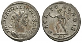 Aurelian (270-275), Radiate, Lugdunum, AD 275, 4.05g, 22mm. Radiate and cuirassed bust right / Sol advancing left, extending arm and holding whip; AL....