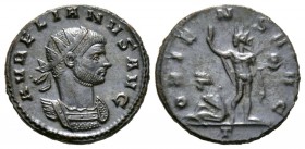 Aurelian (270-275), Radiate, Mediolanum, AD 274, 3.88g, 20mm. Radiate and cuirassed bust right / Sol standing facing, head left, raising hand and hold...