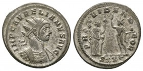 Aurelian (270-275), Radiate, Ticinum, AD 274, 4.90g, 23mm. Radiate and cuirassed bust right / Fides standing right, holding two standards and Sol stan...