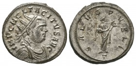 Tacitus (275-276), Radiate, Ticinum, AD 276, 4.37g, 22mm. Radiate, draped and cuirassed bust right / Salus standing right, feeding serpent held in her...