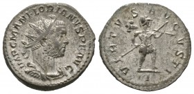 Florian (AD 276), Radiate, Lugdunum, July AD 276, 4.32g, 22mm. Radiate, draped and cuirassed bust right / Virtus advancing right, holding spear and tr...