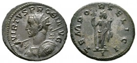 Probus (276-282), Radiate, Lugdunum, 3.96g, 23mm. Radiate and cuirassed bust left, holding spear over shoulder and shield / Felicitas standing right, ...