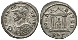 Probus (276-282), Radiate, Rome, AD 281, 4.40g, 23mm. Radiate, helmeted and cuirassed bust left, holding spear and shield / Roma seated facing, head l...