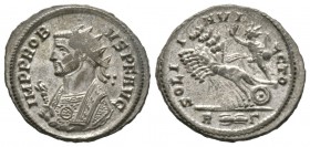 Probus (276-282), Radiate, Rome, AD 281, 3.76g, 22mm. Radiate and mantled bust left, holding eagle-tipped sceptre / Sol driving galloping quadriga lef...