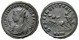 Probus (276-282), Radiate, Siscia, AD 277, 2.89g, 22mm. Radiate and mantled bust left, holding eagle-tipped sceptre / Sol, raising hand and holding wh...