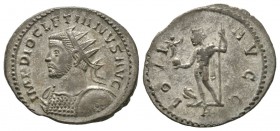 Diocletian (284-305), Radiate, Lugdunum, 290-2, 3.40g, 23mm. Radiate and cuirassed bust left, holding shield / Jupiter standing left, holding Victory ...