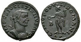 Diocletian (284-305), Follis, Lugdunum, AD 297, 11.56g, 26mm. Laureate and cuirassed bust right / Genius standing left, holding patera and cornucopia;...
