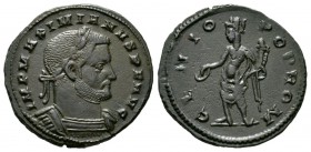 Maximianus (286-305), Follis, Londinium, AD 307, 6.16g, 25mm. Laureate and cuirassed bust right / Genius standing left, holding patera and cornucopia....