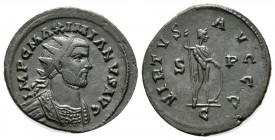 Maximianus (286-305), Radiate, "C" mint, 4.25g, 24mm. IMP C MAXIMIANVS AVG, Radiate and cuirassed bust right / VIRTVS AVGGG, Virtus standing right, ho...