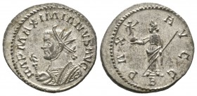 Maximianus (286-305), Radiate, Lugdunum, 290-1, 3.83g, 23mm. Radiate and mantled bust left, holding eagle-tipped sceptre / Pax standing facing, head l...