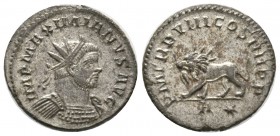 Maximianus (286-305), Radiate, Lugdunum, AD 293, 4.33g, 22mm. Radiate and cuirassed bust right / Lion walking left, holding thunderbolt in mouth; A-st...