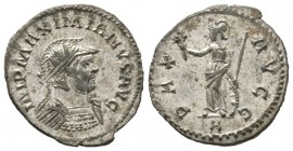 Maximianus (286-305), Radiate, Lugdunum, AD 293, 3.79g, 23mm. Radiate, helmeted and cuirassed bust right / Minerva standing left, holding olive branch...