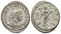 Maximianus (286-305), Radiate, Lugdunum, 290-4, 4.35g, 24mm. Radiate, draped and cuirassed bust right / Salus standing right, feeding serpent in arms;...