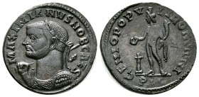 Maximianus (286-305), Follis, Lugdunum, 301-3, 8.60g, 28mm. Laureate and cuirassed bust left, holding sceptre over right shoulder and shield / Genius ...