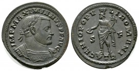 Maximianus (286-305), Follis, Treveri, 305-6, 11.40g, 29mm. Laureate and cuirassed bust right / Genius standing left, holding patera and cornucopia; S...