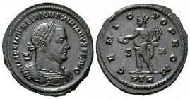 Maximianus (Second reign, 307-308), Follis, Treveri, 8.04g, 29mm. Laureate and cuirassed bust right / Genius standing left, holding patera and cornuco...