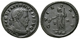 Maximianus (Second reign, 307-308), Follis, Treveri, 6.90g, 27mm. Laureate and cuirassed bust right / Quies standing left, holding branch and sceptre;...