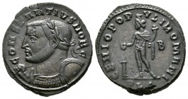 Constantius I (Caesar, 293-305), Follis, Lugdunum, 301-3, 9.59g, 28mm. Laureate and cuirassed bust left, holding sceptre over shoulder and shield / Ge...