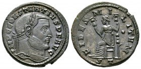 Constantius I (305-306), Follis, Ticinum, AD 305. Laureate head right / Fides seated left, holding standard in each hand; •//ST. RIC VI 55a. Near Extr...