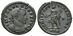 Severus II (306-307), Follis, Treveri, 8.66g, 28mm. Laureate and cuirassed bust right / Genius standing left, holding patera and cornucopia; S-F//PTR....