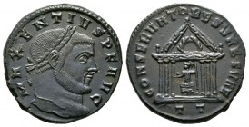 Maxentius (307-312), Follis, Ticinum, AD 307, 7.66g, 26mm. Laureate head right / Roma seated facing, head left, holding globe and sceptre, within hexa...