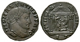 Maxentius (307-312), Follis, Ticinum, 308-310, 5.28g, 25mm. Laureate head right / Tetrastyle temple, containing Roma seated left on throne, holding gl...