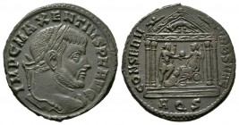 Maxentius (307-312), Follis, Aquileia, AD 307, 7.10g, 25mm. Laureate head right / Roma, holding spear, seated left on shield, presenting globe to Maxe...