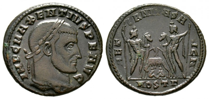 Maxentius (307-312), Follis, Ostia, AD 309, 7.19g, 26mm. Laureate head right / C...