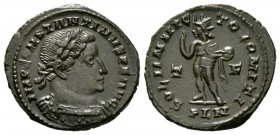 Constantine I (307/310-337), Follis, Londinium, AD 310, 4.05g, 23mm. Laureate and cuirassed bust right / Sol standing facing, head left, raising right...