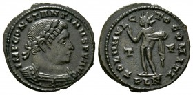 Constantine I (307/310-337), Follis, Londinium, AD 310, 3.85g, 22mm. Laureate and cuirassed bust right / Sol standing facing, head left, raising right...